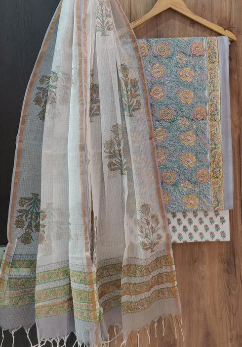 Elegant Hand Block Print Cotton Suit Set with Kota Doria dupatta (3CKD72)